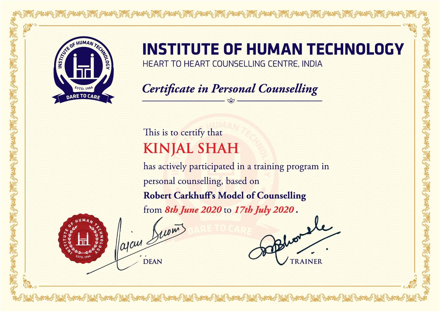 Certificate in Personal Counselling, awarded to Kinjal Shah
