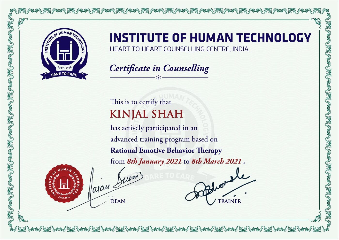 Certificate in Counselling, awarded to Kinjal Shah