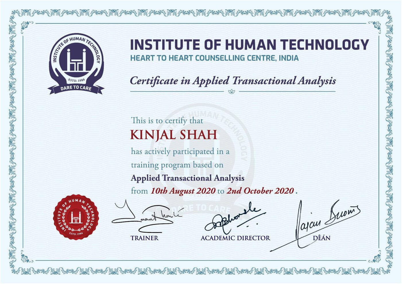 Certificate in Applied Transactional Analysis, awarded to Kinjal Shah