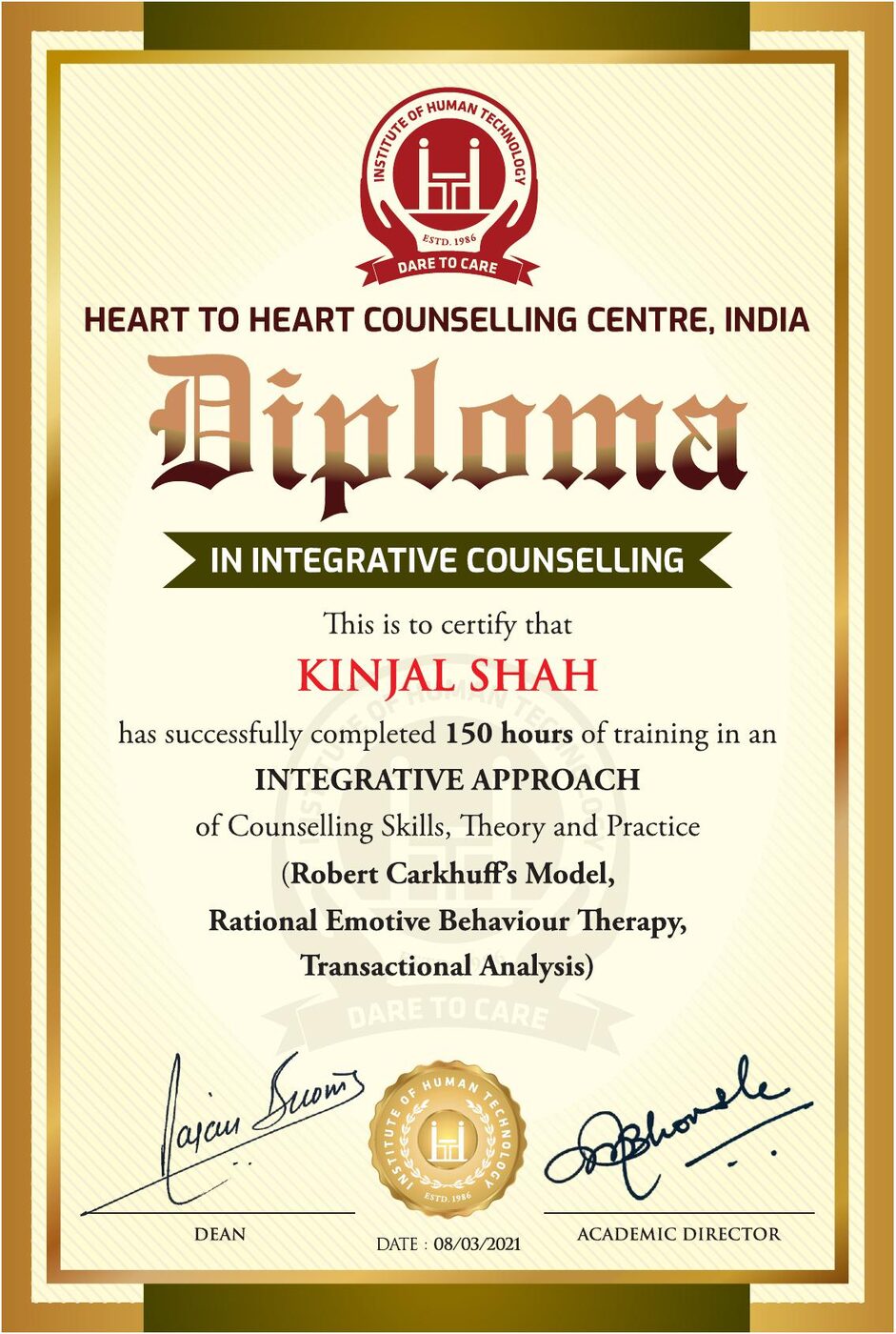 Diploma in Integrative Counselling, awarded to Kinjal Shah