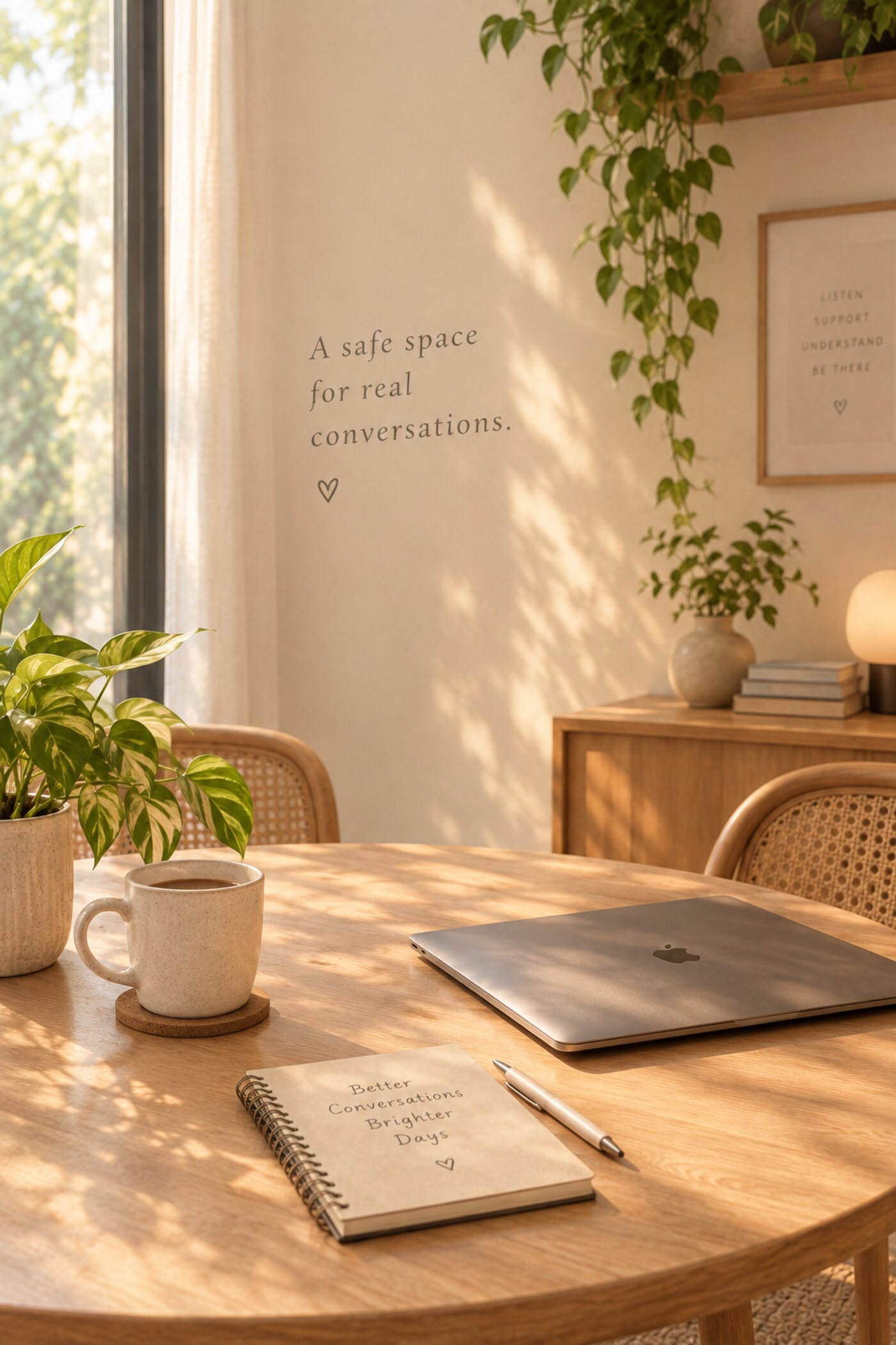 A group in warm conversation around a sunlit table