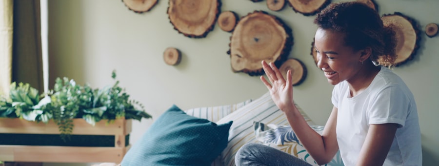 A woman talking openly from her sofa during a call